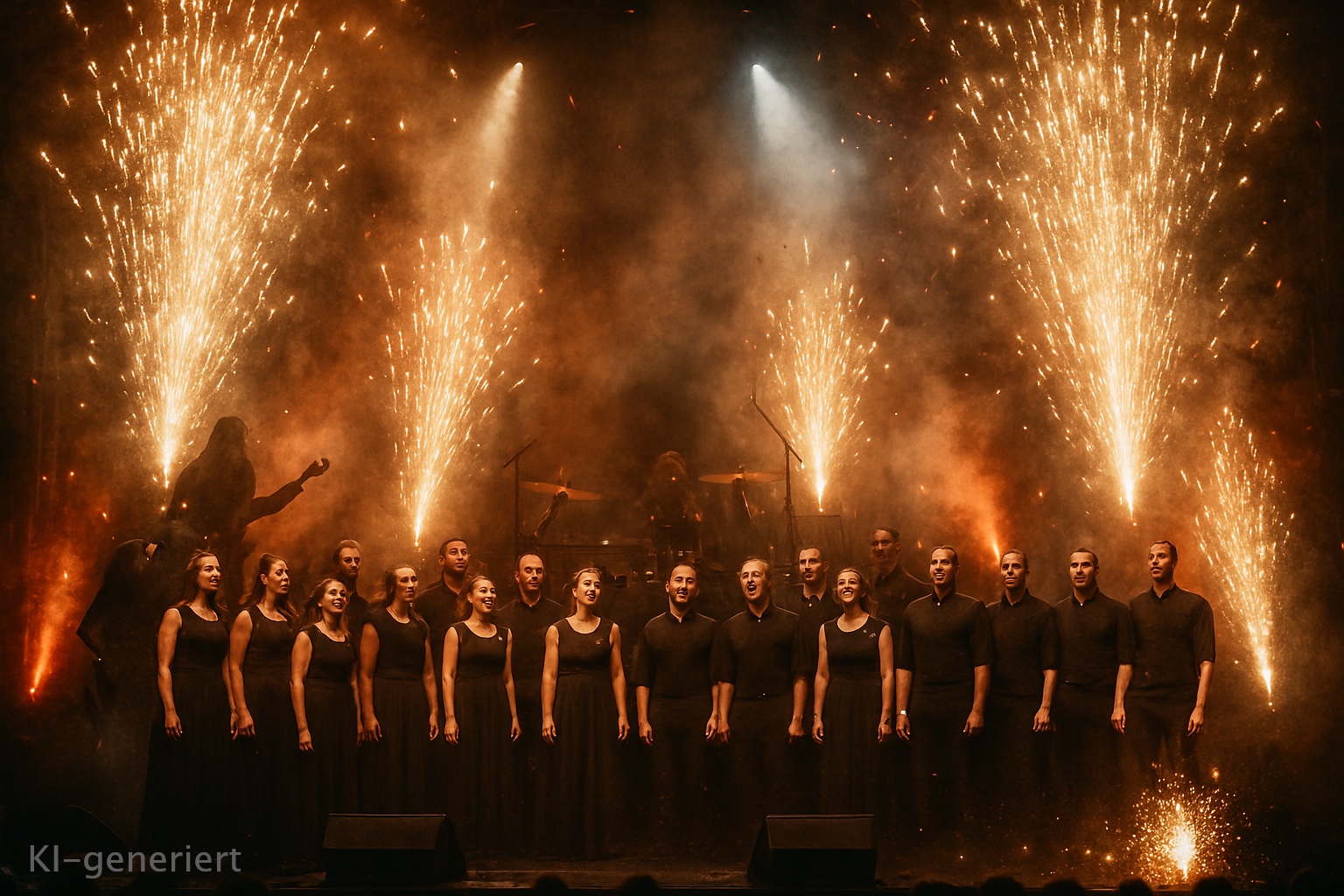 Chor auf Bühne mit MetalBand und Feuerwerk - KI generiert